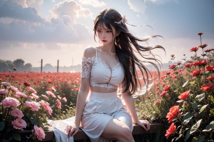  A melancholic autumn scene in a vast flower field,a gentle breeze rustling through the dry grass,fallen leaves scattered among the flowers, a bittersweet atmosphere, a moment of quiet contemplation,1girl,long hair,white_skirt, high-waist_shorts, outfit ,roses,(dynamic angle:1.1),vivid,Soft and warm color palette, delicate brushwork, evocative use of light and shadow, wide shot,subtle details in the wilting flowers,high contrast,color contrast, WuLight
