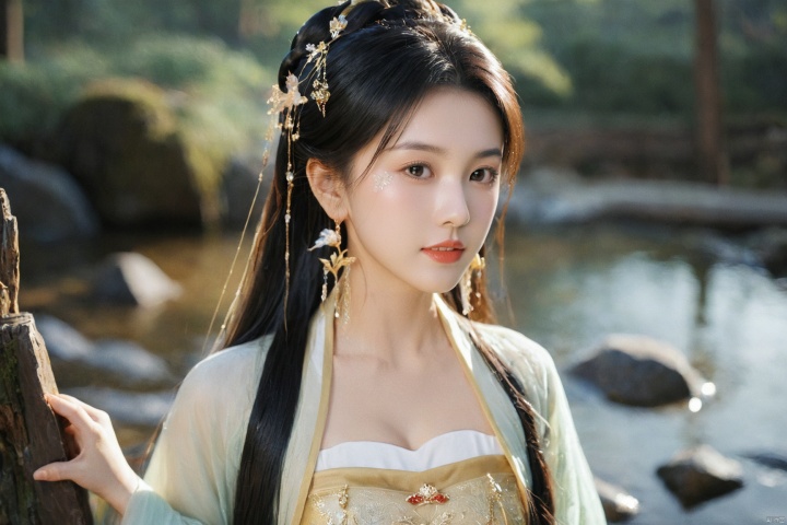  1girl,sole_female,looking at viewer,standing,black,gold,gold hairpin,face focus,Redlips,((upper_body:0.9)),full breasts, (medium breasts:1.2),long hair,eyes,Colored pupil,earrings,jewelry,earrings,jewelry,(perfect face), shiny skin, 
dress, hanfu, 
forest,water, wet, 
masterpiece, best quality,depth of field, cinematic composition, best lighting,light master,RAW photo, dslr, film grain, Fujifilm XT3, night shot, light master,daxiushan,daxiushan style,hanfu, g001