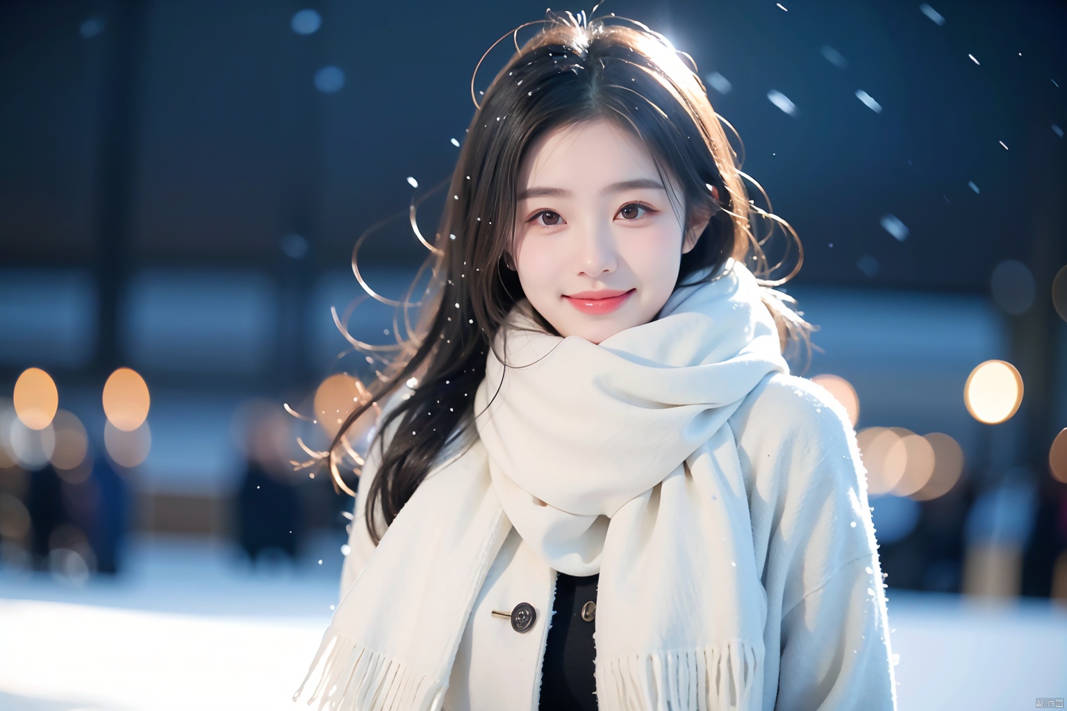  1girl,(snow:1.2),(snowing:1.2),snow,solo,scarf,long hair,smile,brown hair,bokeh,realistic,coat,blurry,