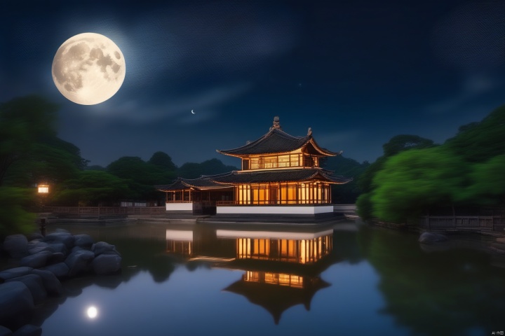 outdoors, sky, water, tree, night, moon, building, star \(sky\), night sky, scenery, full moon, starry sky, reflection, architecture, east asian architecture