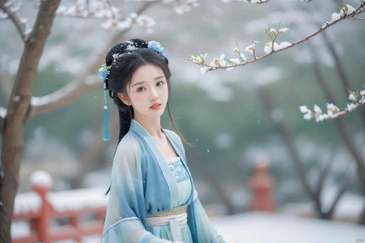  hanfu dress,a beautiful girl is standing,The Han costume of the Song Dynasty, the whole body,Flower basket,beautiful face,be affectionate,long eyelashes,high nose,Song Dynasty Hanfu, Winter, snowy days, snowfall, snow on tree tops, snow on the ground,gentle depth of field and soft bokeh,Capture the image as if it were taken on an 35mm film for added charm, looking at viewer,35mm photograph,The main color tone of the screen is blue, with a film style (aperture: f/1.4, ISO-100, focal length: 35mm), Full body, denim lens,film, bokeh, professional, 4k, highly detailed, MAJICMIX STYLE