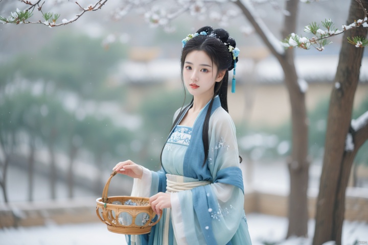  hanfu dress,a beautiful girl is standing,The Han costume of the Song Dynasty, the whole body,Flower basket,beautiful face,be affectionate,long eyelashes,high nose,Song Dynasty Hanfu, Winter, snowy days, snowfall, snow on tree tops, snow on the ground,gentle depth of field and soft bokeh,Capture the image as if it were taken on an 35mm film for added charm, looking at viewer,35mm photograph,The main color tone of the screen is blue, with a film style (aperture: f/1.4, ISO-100, focal length: 35mm), Full body, denim lens,film, bokeh, professional, 4k, highly detailed, MAJICMIX STYLE