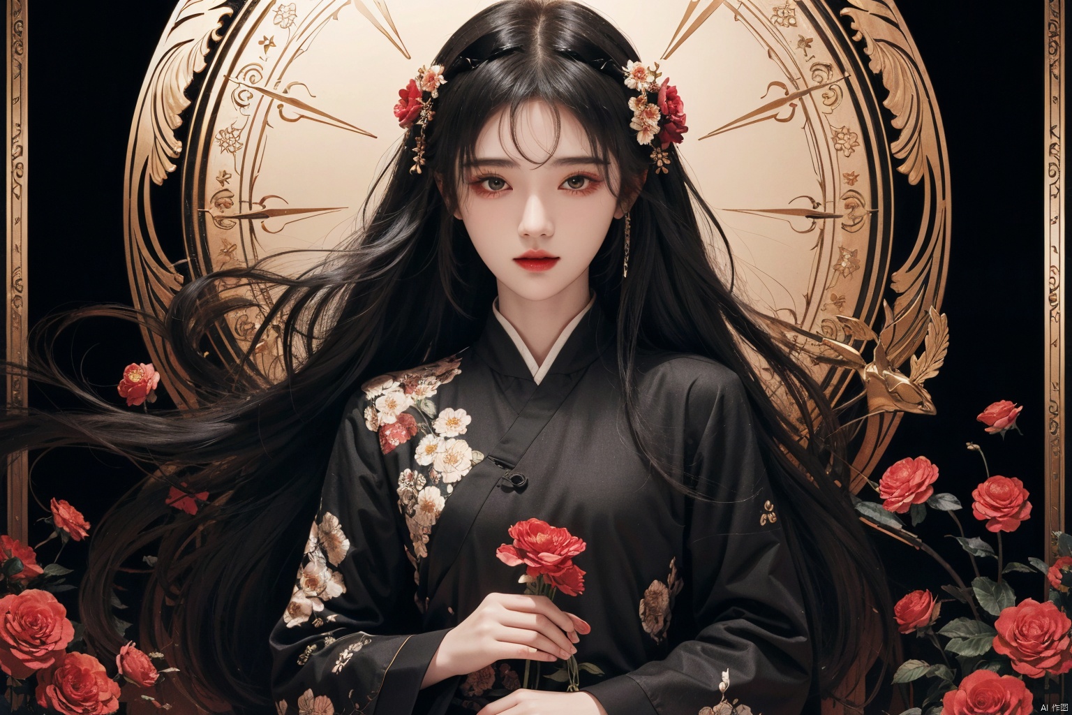  masterpiece, best quality, 1girl, flowers, flat color, lineart, abstract, ornate, black theme, jujingyi