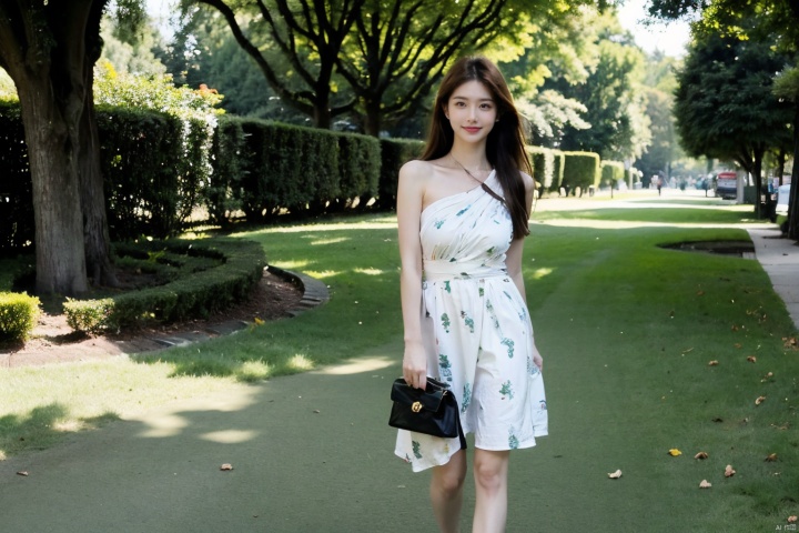  The image features a confident young woman standing outdoors on a green carpet. She is wearing a white dress with a green alligator print and carries a brown shoulder bag. Her posture and facial expression convey a sense of determination. The lighting is soft and flattering, casting a warm glow on her skin. The color palette is predominantly green and brown, with a dynamic contrast between the two. The woman's outfit, pose, and facial expression all work together to create a powerful and memorable image.