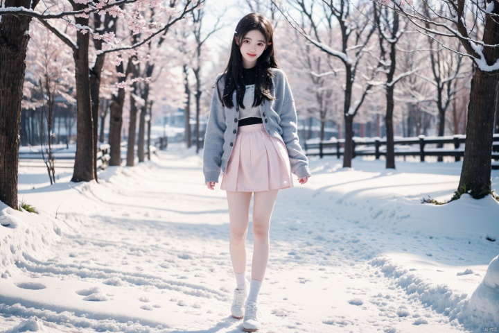  1 girl,Transparent skirt,pink face,stockings,(snow:1.2),(snowing:1.2),peach blossom,snow,solo,scarf,black hair,smile,long hair,bokeh,realistic,long coat,blurry, captivating gaze, embellished clothing, natural light, shallow depth of field, romantic setting, dreamy pastel color palette, whimsical details, captured on film,. (Original Photo, Best Quality), (Realistic, Photorealistic: 1.3), Clean, Masterpiece, Fine Detail, Masterpiece, Ultra Detailed, High Resolution, (Best Illustration), (Best Shadows), Complex, Bright light, modern clothing, (pastoral: 1.3), smiling,standing,(very very short skirt:1.5),knee socks,(white shoes: 1.4),long legs, forest, grassland,(view: 1.3), 21yo girl, striped, capricornus, 1girl, light master, jujingyi