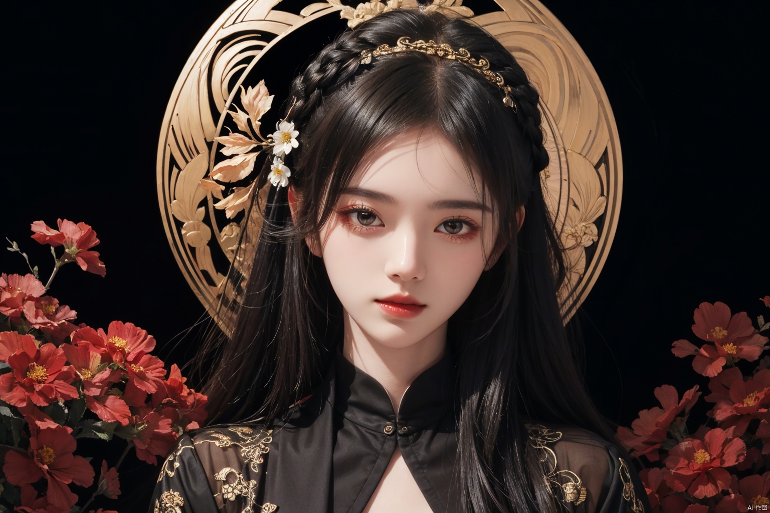  masterpiece, best quality, 1girl, flowers, flat color, lineart, abstract, ornate, black theme, jujingyi