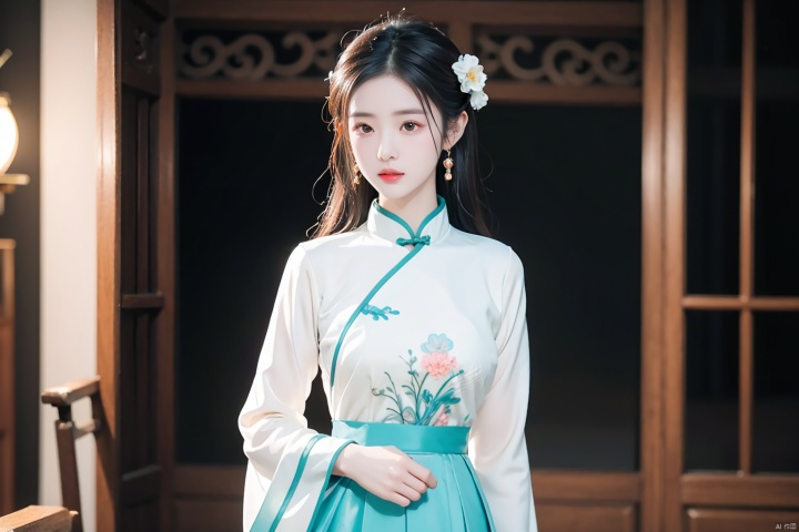  Premium, masterpiece, high-resolution, (exquisite figure: 1.5), stunning appearance, (milky white skin: 1.3). Exquisite details, high-resolution, wallpaper, 1 girl, solo, turquoise blue Hanfu, embroidery, (qipao long skirt), hair accessories, flowers, long hair, brown hair, shut up, accessories, long sleeves, wide sleeves, big eyes, flowing hair, natural posture, falling petals, indoor, lanterns, bright and cheerful lighting, sunlight shining on the face of the subject. 16K, HDR, high resolution, depth of field, upper body, (film grain: 1.2),
