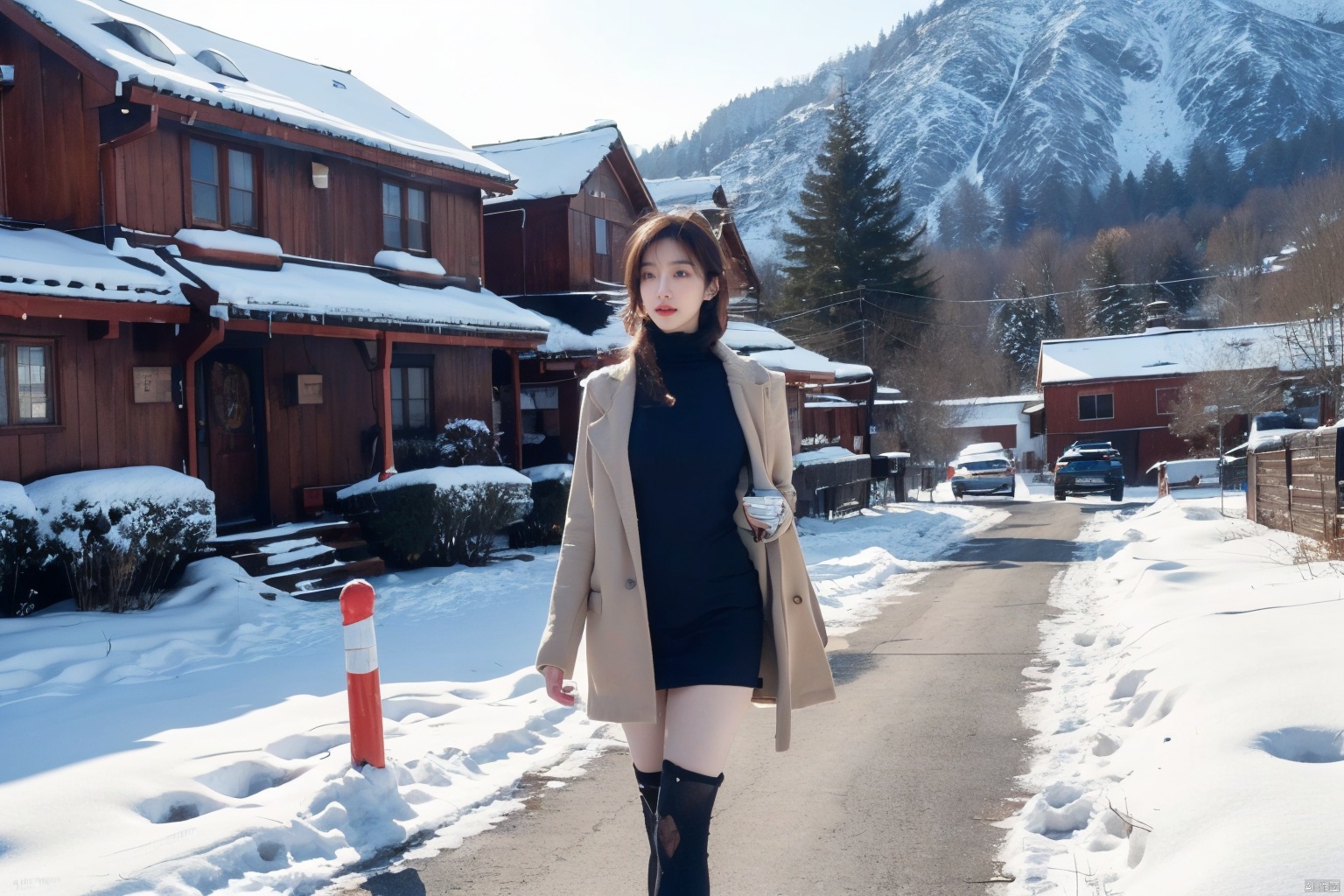  Outdoor scenery, snow view, Snow Mountain, girl, red wool coat, pretty face, short hair, blonde hair, (photo reality: 1.3) , Edge lighting, (high detail skin: 1.2) , 8K Ultra HD, high quality, high resolution, the best ratio of four fingers and a thumb, (photo reality: 1.3) , wearing a black coat, white Turtleneck inside, big chest, solid color background, solid red background, advanced feeling, texture full, 1 girl, Xiqing, HSZT, Xiaxue, dongy, a girl, magic eyes, black 8d smooth stockings, 1girl