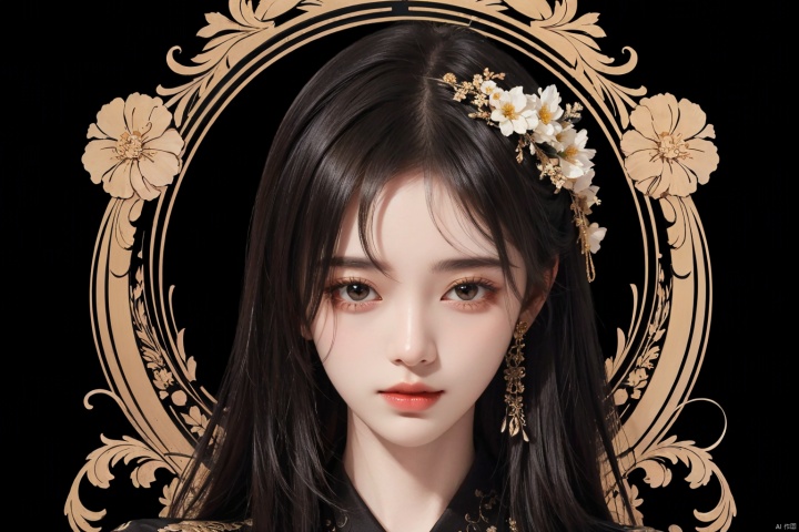  masterpiece, best quality, 1girl, flowers, flat color, lineart, abstract, ornate, black theme, jujingyi
