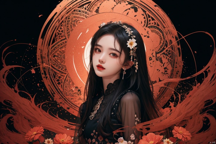  masterpiece, best quality, 1girl, flowers, flat color, lineart, abstract, ornate, black theme, jujingyi