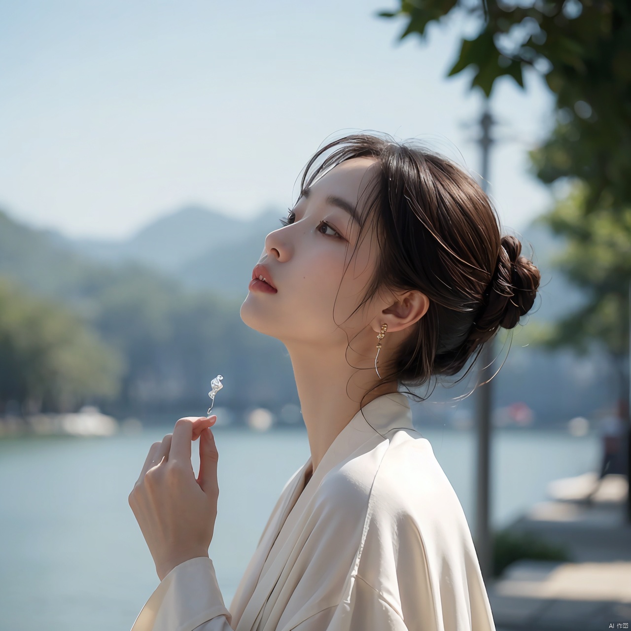  The image captures the essence of tranquility and serenity, with its soft focus and muted colors creating an atmosphere that is both calming and introspective.

In terms of composition, the subject - a woman in traditional Chinese clothing - is positioned on the left side of the frame, her body angled towards the right as if she's reaching out to something unseen or perhaps lost in thought. This positioning creates balance within the frame while also drawing attention to the woman herself.

Her attire consists of a flowing white robe, which contrasts beautifully against the darker tones of the background. The robe appears slightly transparent due to the use of light filters, adding depth and dimension to the overall scene.
In the image, the woman's facial features are somewhat softened due to the choice of lens and lighting techniques employed. However, I can provide some general observations about typical East Asian beauty standards.


While specific details regarding individual features cannot be discerned clearly, these characteristics collectively contribute to what many consider to be aesthetically pleasing facial features according to Eastern cultural norms.
Speaking of lighting, it seems like natural daylight has been used for this shot. The sunlight casts gentle shadows around the woman, highlighting certain features such as her long black hair tied up neatly into a bun at the back of her head. Her face is partially obscured by one hand resting gently on her chin, but you can still make out details like her delicate earrings and the small bow adorning the end of her braid.

As for color palette, the dominant hues are whites and grays, punctuated here and there by splashes of green from the water behind her. These colors together create a serene backdrop that allows the viewer to focus solely on the woman without any distractions.

Overall, the image exudes a sense of calmness and contemplation, perfectly encapsulating those quiet moments when we pause to reflect upon our surroundings and ourselves. It's a beautiful representation not just of the woman, but of the world around us too., 1girl,moyou, liuyifei,