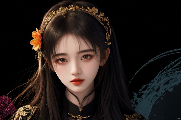  masterpiece, best quality, 1girl, flowers, flat color, lineart, abstract, ornate, black theme, jujingyi