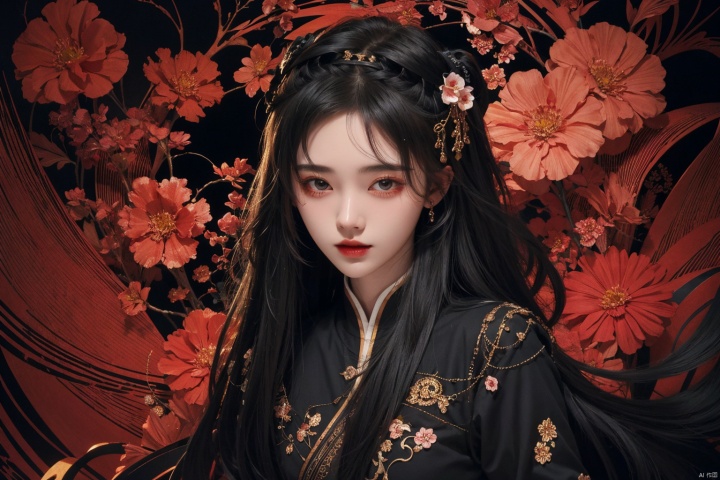  masterpiece, best quality, 1girl, flowers, flat color, lineart, abstract, ornate, black theme, jujingyi