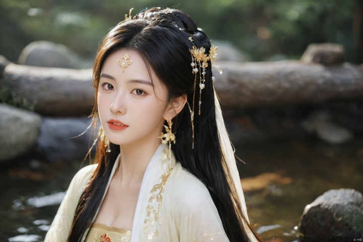  1girl,sole_female,looking at viewer,standing,black,gold,gold hairpin,face focus,Redlips,((upper_body:0.9)),full breasts, (medium breasts:1.2),long hair,eyes,Colored pupil,earrings,jewelry,earrings,jewelry,(perfect face), shiny skin, 
dress, hanfu, 
forest,water, wet, 
masterpiece, best quality,depth of field, cinematic composition, best lighting,light master,RAW photo, dslr, film grain, Fujifilm XT3, night shot, light master,daxiushan,daxiushan style,hanfu, g001