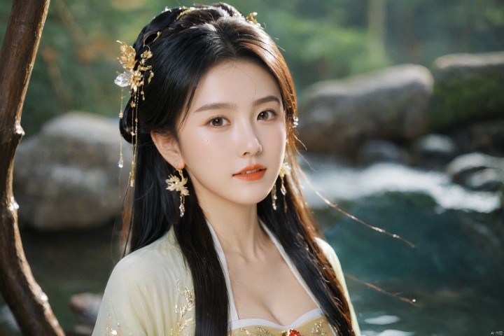  1girl,sole_female,looking at viewer,standing,black,gold,gold hairpin,face focus,Redlips,((upper_body:0.9)),full breasts, (medium breasts:1.2),long hair,eyes,Colored pupil,earrings,jewelry,earrings,jewelry,(perfect face), shiny skin, 
dress, hanfu, 
forest,water, wet, 
masterpiece, best quality,depth of field, cinematic composition, best lighting,light master,RAW photo, dslr, film grain, Fujifilm XT3, night shot, light master,daxiushan,daxiushan style,hanfu, g001