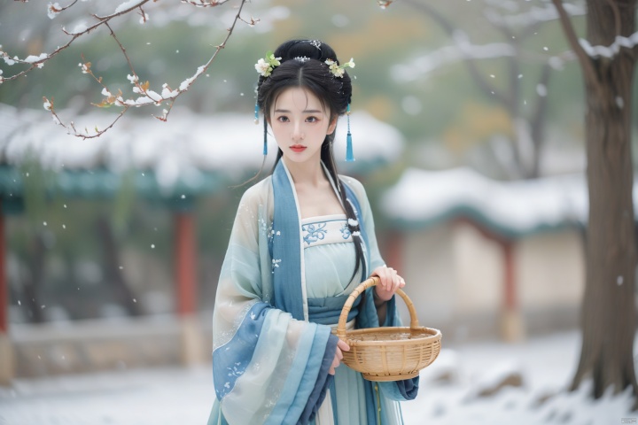  hanfu dress,a beautiful girl is standing,The Han costume of the Song Dynasty, the whole body,Flower basket,beautiful face,be affectionate,long eyelashes,high nose,Song Dynasty Hanfu, Winter, snowy days, snowfall, snow on tree tops, snow on the ground,gentle depth of field and soft bokeh,Capture the image as if it were taken on an 35mm film for added charm, looking at viewer,35mm photograph,The main color tone of the screen is black, with a film style (aperture: f/1.4, ISO-100, focal length: 35mm), Full body, denim lens,film, bokeh, professional, 4k, highly detailed, MAJICMIX STYLE