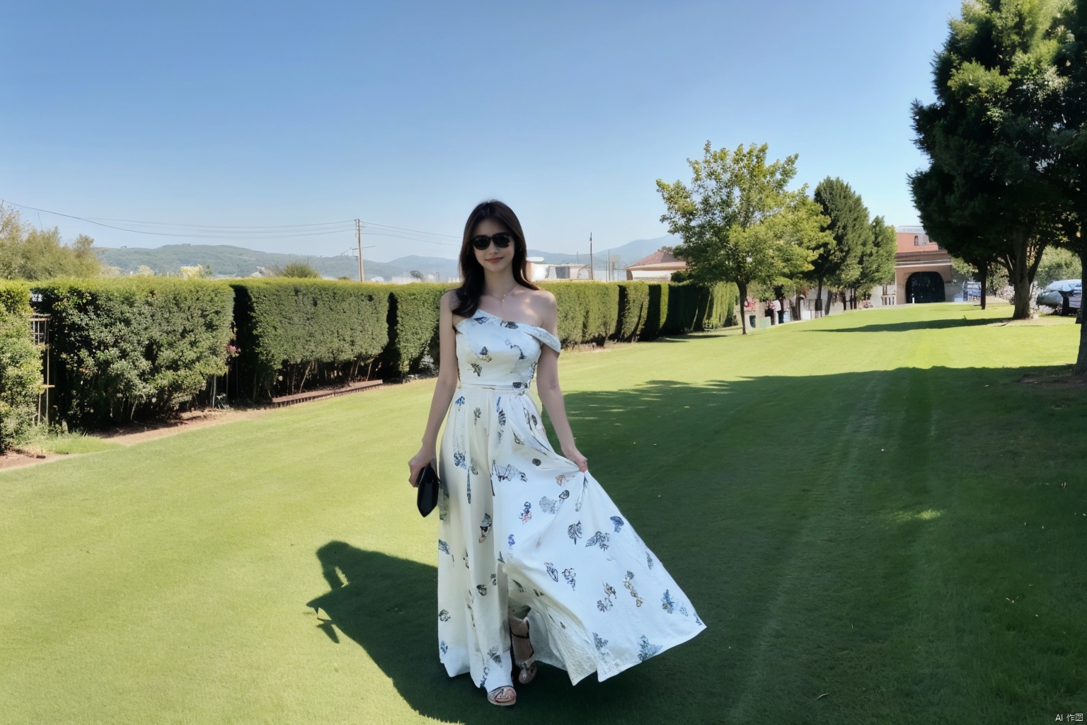  The image features a confident young woman standing outdoors on a green carpet. She is wearing a white dress with a green alligator print and carries a brown shoulder bag. Her posture and facial expression convey a sense of determination. The lighting is soft and flattering, casting a warm glow on her skin. The color palette is predominantly green and brown, with a dynamic contrast between the two. The woman's outfit, pose, and facial expression all work together to create a powerful and memorable image.