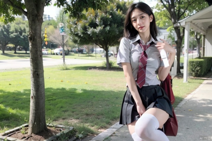  1girl, necktie,black skirt,pleated skirt,shirt,short sleeves,white stocking,outdoors,