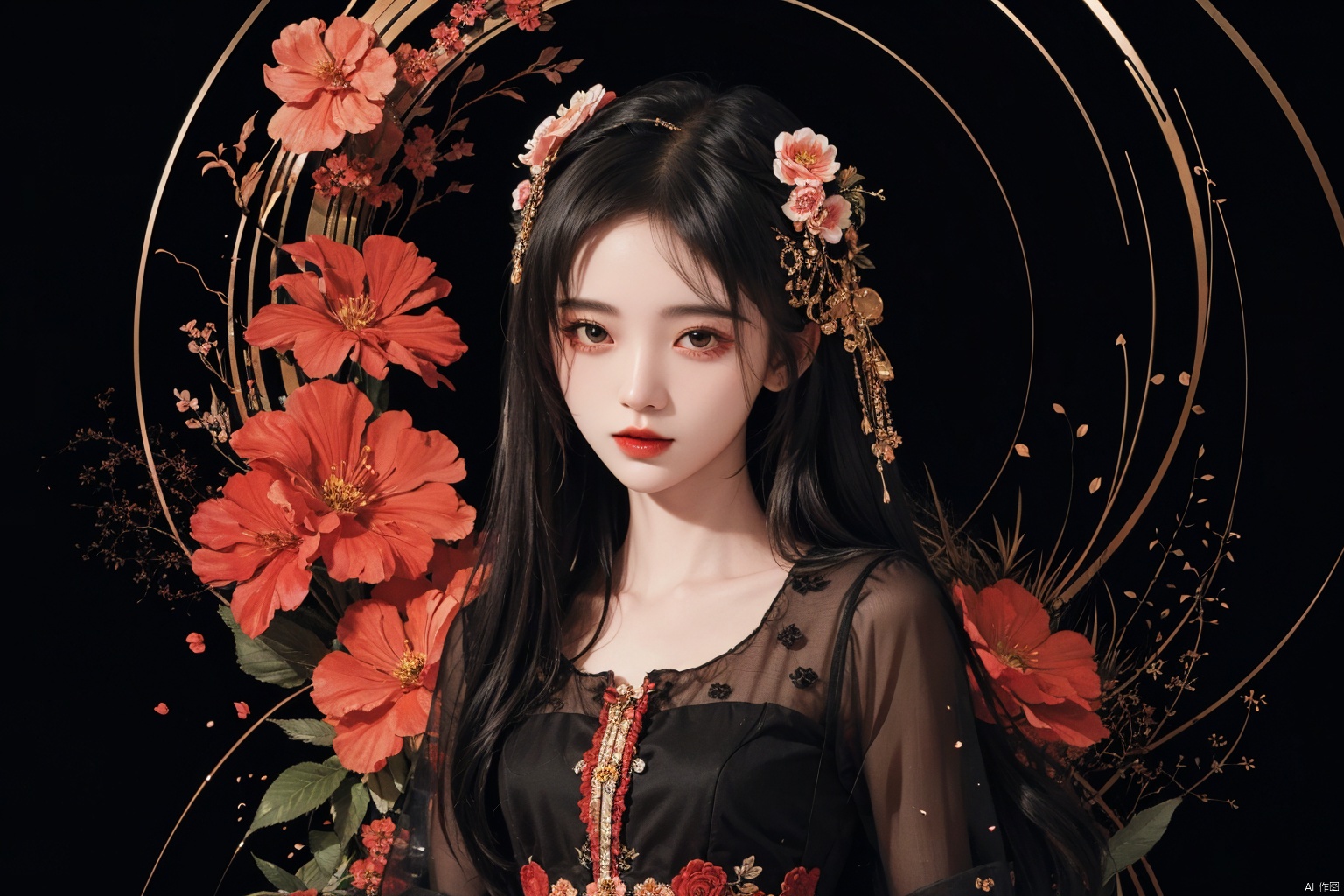  masterpiece, best quality, 1girl, flowers, flat color, lineart, abstract, ornate, black theme, jujingyi