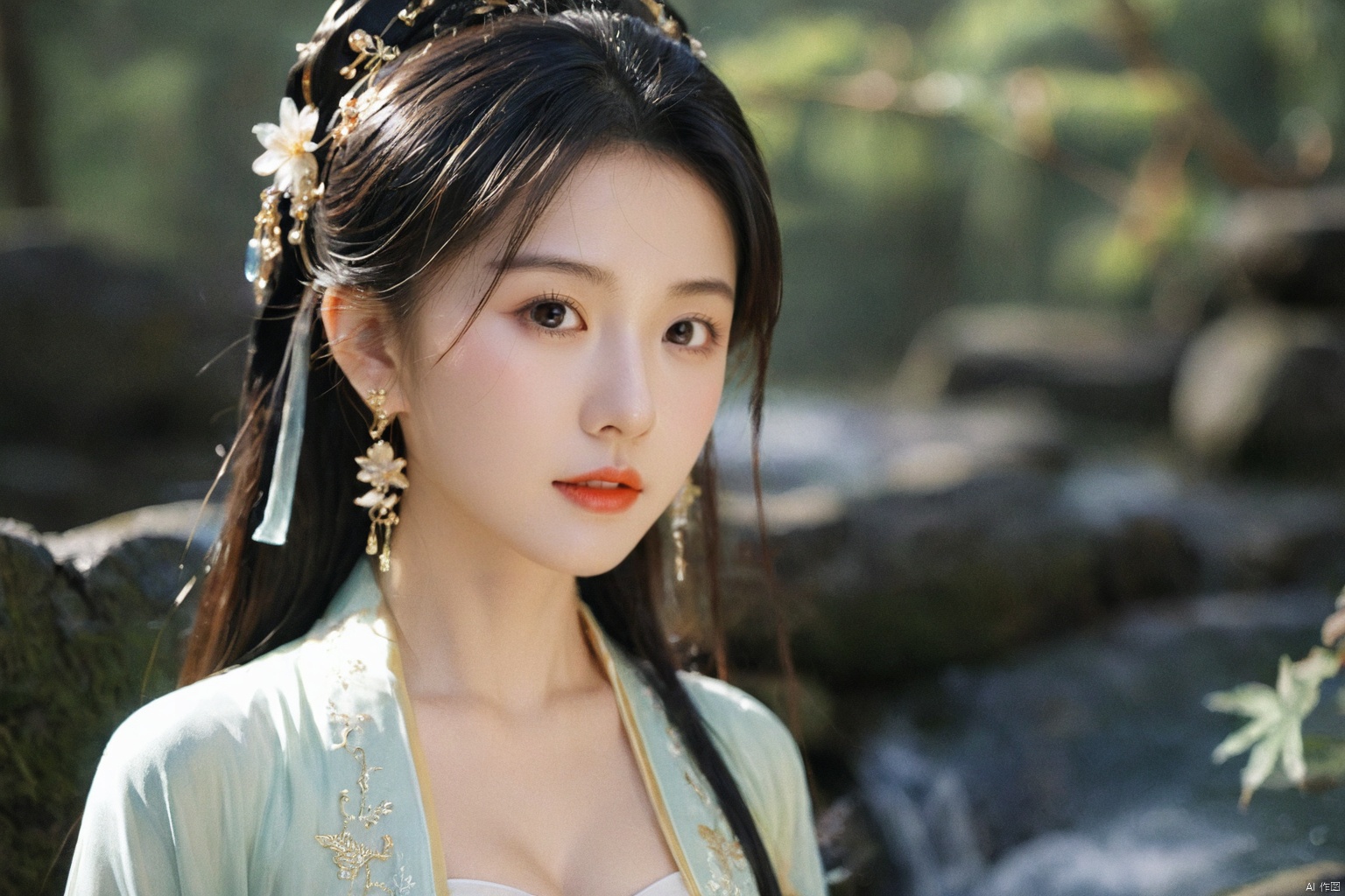  1girl,****_female,looking at viewer,standing,black,gold,gold hairpin,face focus,Redlips,((upper_body:0.9)),full breasts, (medium breasts:1.2),long hair,eyes,Colored pupil,earrings,jewelry,earrings,jewelry,(perfect face), shiny skin, 
dress, hanfu, 
forest,water, wet, 
masterpiece, best quality,depth of field, cinematic composition, best lighting,light master,RAW photo, dslr, film grain, Fujifilm XT3, night shot, light master,daxiushan,daxiushan style,hanfu, g001