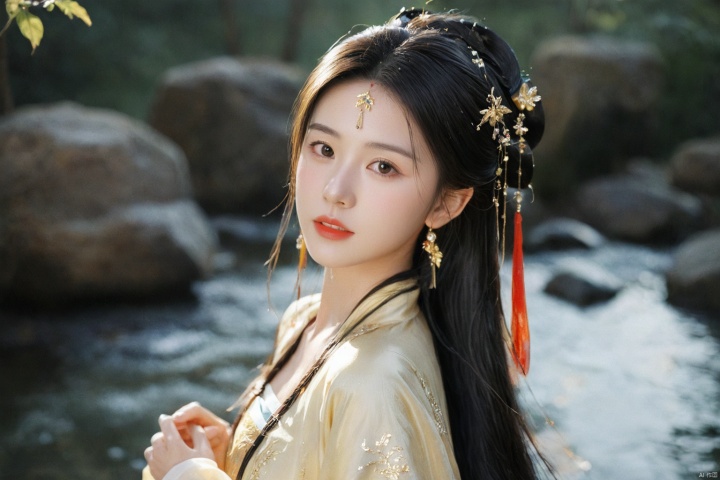  1girl,sole_female,looking at viewer,standing,black,gold,gold hairpin,face focus,Redlips,((upper_body:0.9)),full breasts, (medium breasts:1.2),long hair,eyes,Colored pupil,earrings,jewelry,earrings,jewelry,(perfect face), shiny skin, 
dress, hanfu, 
forest,water, wet, 
masterpiece, best quality,depth of field, cinematic composition, best lighting,light master,RAW photo, dslr, film grain, Fujifilm XT3, night shot, light master,daxiushan,daxiushan style,hanfu, g001