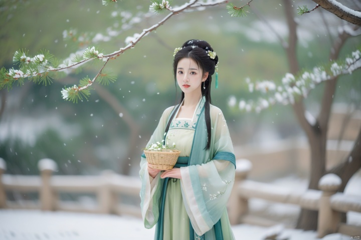  hanfu dress,a beautiful girl is standing,The Han costume of the Song Dynasty, the whole body,Flower basket,beautiful face,be affectionate,long eyelashes,high nose,Song Dynasty Hanfu, Winter, snowy days, snowfall, snow on tree tops, snow on the ground,gentle depth of field and soft bokeh,Capture the image as if it were taken on an 35mm film for added charm, looking at viewer,35mm photograph,The main color tone of the screen is green, with a film style (aperture: f/1.4, ISO-100, focal length: 35mm), Full body, denim lens,film, bokeh, professional, 4k, highly detailed, MAJICMIX STYLE