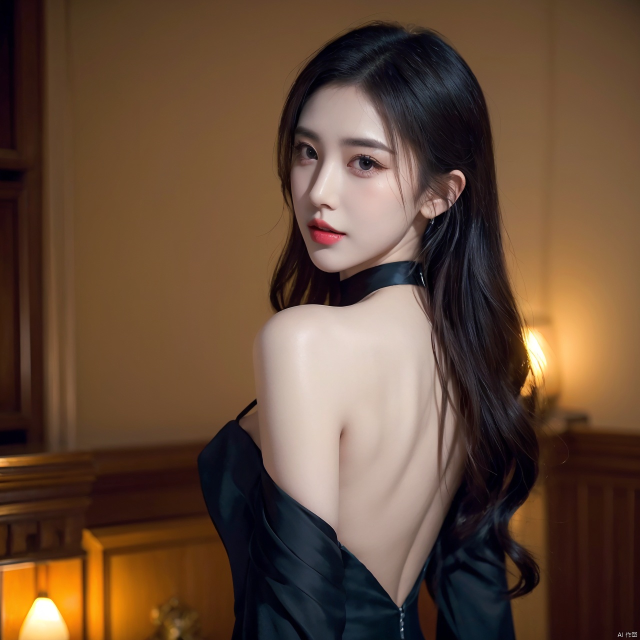  （Front focus）,（in the darkness nigth：1.6）,Surrealist portraits of women by David Hockney andAlphonseMucha,Fantasyart,photographrealistic,动态照明,artstation,black gown,sam yang, 1girll, back, Bare shoulders andback,黑The eye, dark circles, brownhair,耳Nipple Ring, jewely,black dressed evening dress, cparted lips, long whitr hair, looking at viewert, back to look back, choker necklace, cropped shoulders, Lips half open, sportrait, daysies, depth offields,独奏, （（tmasterpiece））Volumetriclighting,Very detailed faces,4 k,Award-Awarded, , 1girl, in the dark, deep shadow, low key, cowboy shot,(official clothes:1.4),long whitr hair,whaite hair,
