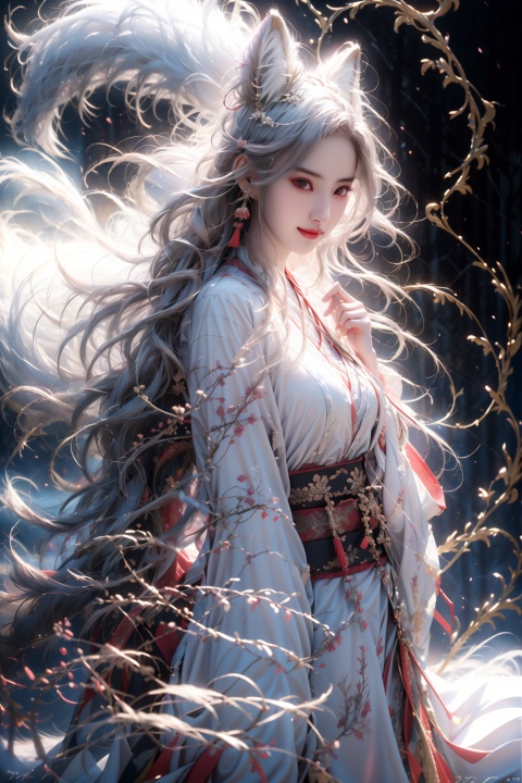  1 girl, solo, female focus, (Chinese dress）and red lips, bangs, earrings, kimono, Chinese cardigan, printed cloth, tassel, hand-held samurai knife.(Chinese dragon),(Huge Fox Pet),（White fox）, (Masterpiece), (Very Detailed CGUnity 8K Wallpaper), Best Quality, High Resolution Illustrations, Stunning, Highlights, (Best Lighting, Best Shadows, A Very Delicate And Beautiful), (Enhanced) ·, long, machinery, Daofa Rune, shufa background, Spirit Fox Pendant