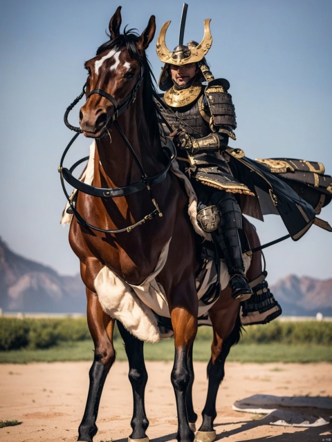  solo, 1man, full body samurai and helmet,(tall),katana,strong,The horse, Magnificent armor,samurai,Battlefield,add_detail
