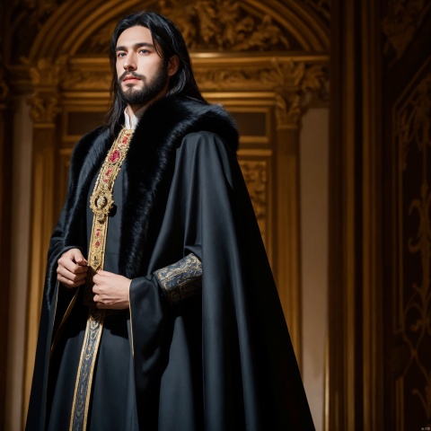 1 boy,solo,Italian,Blue eyes, long black hair, beautiful features, short beard, black Fur cape, black Clothes, In the palace,ornate jeweled decoration, noble, medieval,UIAXD5.0