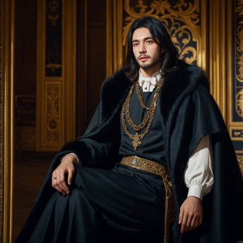 1 boy,solo,Italian,Blue eyes, long black hair, beautiful features, short beard, black Fur cape, black Clothes, In the palace,ornate jeweled decoration, noble, medieval,UIAXD5.0