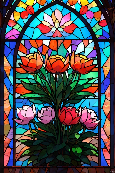  Window, paeony  flower, Stained glass, UHD, high details, best quality, 16k
