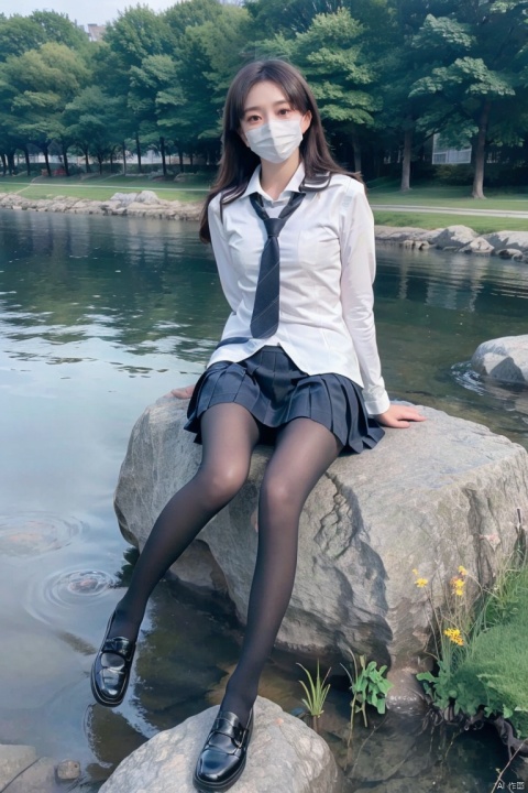  Telephoto lens, background blur,Best quality, 1 girl, xtt's body,outdoor,sunshine,river,rock,stone,trees,backlight,(((school uniform))),look at viewer,face,black shoes,white coat,pantyhose,full_body,blue Pleated skirt,tie, photo pose, shapely body, xtt, aki,((mask)),(((sitting on rock))),arms behind back