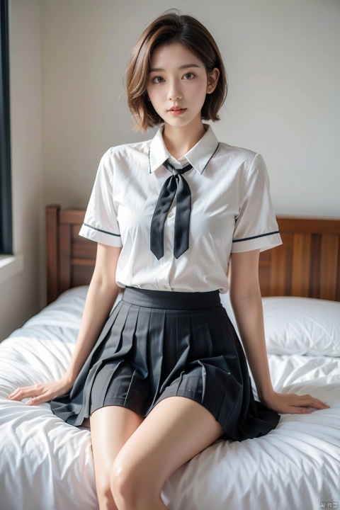  Enhanced, masterpiece, 16K, JK, 1 girl, short hair, school uniform, skirt, sitting on bed, Light master