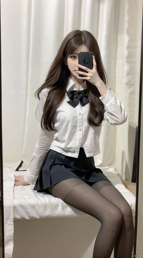  8K,Best quality, 1girl, xtt's body,A photo of oneself taken with a phone in front of a mirror,more details,white mask,full body,long wave hair,school uniform,Wearing black Pleated skirt, wearing black pantyhose , sitting, ((Mobile selfie perspective)), shapely body,midnight, xtt, aki