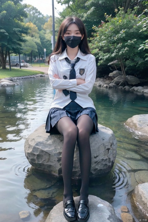  Telephoto lens, background blur,Best quality, 1 girl, xtt's body,outdoor,sunshine,river,rock,stone,trees,backlight,(((school uniform))),look at viewer,face,black shoes,white coat,pantyhose,full_body,blue Pleated skirt,tie, photo pose, shapely body, xtt, aki,((mask)),(((sitting on rock))),crossed legs,crossed arms