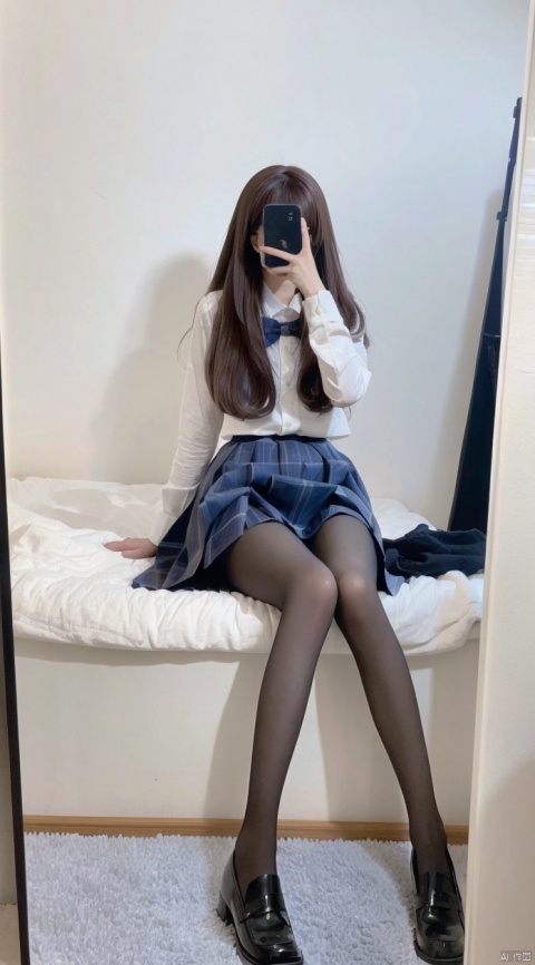  8K,Best quality, 1girl, xtt's body,A photo of oneself taken with a phone in front of a mirror,more details,white mask,full body,long wave hair,school uniform,Wearing blue Pleated skirt, wearing black pantyhose , sitting, ((Mobile selfie perspective)), shapely body,midnight, xtt, aki
