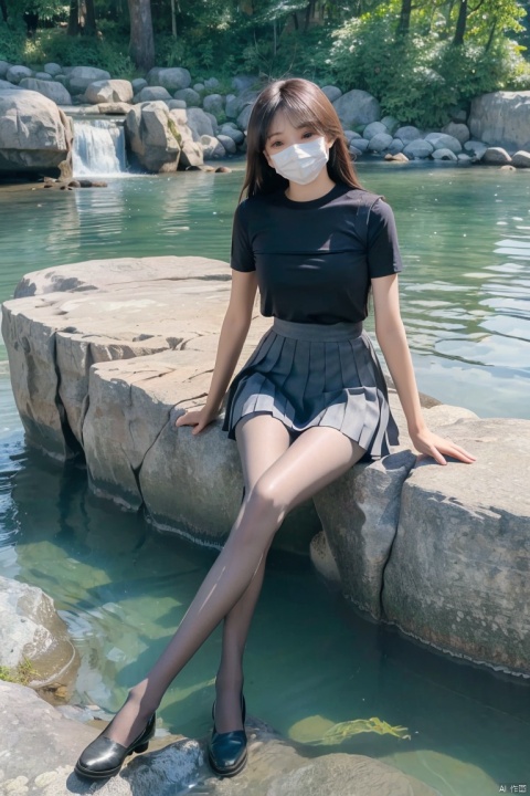  ultra HD,Telephoto lens, background blur,Best quality, 1 girl,outdoor,sunshine,river,Waterfall,rock,stone,backlight,((t-shirt,miniskirt, black pantyhose,Pleated skirt)),look at viewer,photo pose, shapely body,((full body)),(((white mask))),(((sitting on rock))),arms behind back