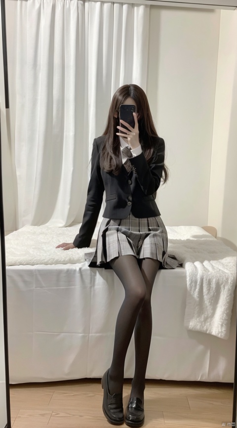  8K,Best quality, 1girl, xtt's body,A photo of oneself taken with a phone in front of a mirror,more details,white mask,full body,long wave hair,school uniform,Wearing black Pleated skirt, wearing black pantyhose , sitting, ((Mobile selfie perspective)), shapely body,midnight, xtt, aki