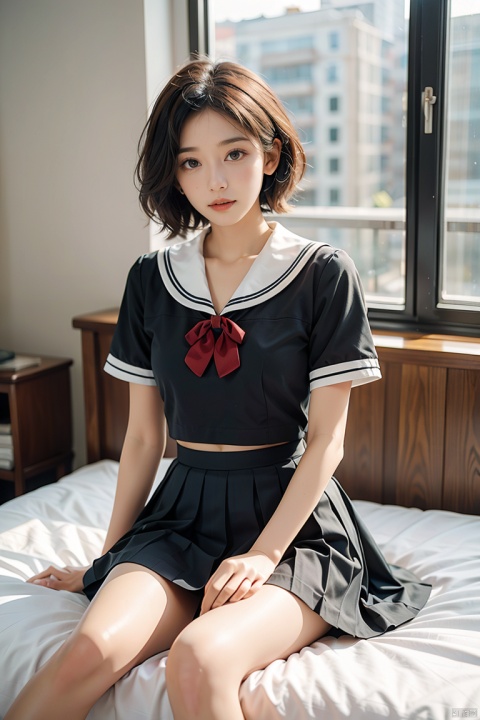  Enhanced, masterpiece, 16K, JK, 1 girl, short hair, school uniform, skirt, sitting on bed, Light master