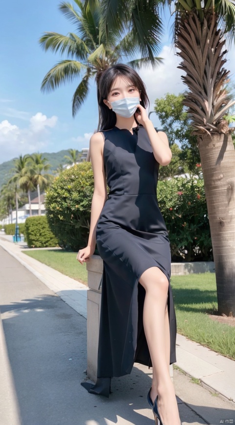  realitic,Best quality,1 girl, xtt's body,(((beautiful dress))),beautiful eyes,black shoes,tie,full body, long hair,((photo pose)), outdoor,seeside,Coast, palm trees, sea, blue sky,shapely body, xtt,,((Surgical mask)),((sitting on the ground)),