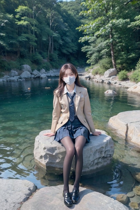  ultra HD,Telephoto lens, background blur,Best quality, 1 girl, xtt's body,outdoor,sunshine,river,Waterfall,rock,stone,backlight,(((school uniform))),look at viewer,face,coat,black shoes,white coat,pantyhose,full_body,blue Pleated skirt,tie, photo pose, shapely body, xtt, aki,((mask)),(((sitting on rock))),crossed legs,arms behind back