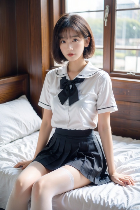  Enhanced, masterpiece, 16K, JK, 1 girl, short hair, school uniform, skirt, sitting on bed, Light master,white pantyhose