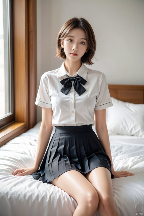  Enhanced, masterpiece, 16K, JK, 1 girl, short hair, school uniform, skirt, sitting on bed, Light master