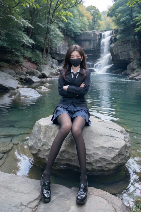  Telephoto lens, background blur,Best quality, 1 girl, xtt's body,outdoor,sunshine,river,Waterfall,rock,stone,backlight,(((school uniform))),look at viewer,face,coat,black shoes,white coat,pantyhose,full_body,blue Pleated skirt,tie, photo pose, shapely body, xtt, aki,((mask)),(((sitting on rock))),crossed legs,crossed arms