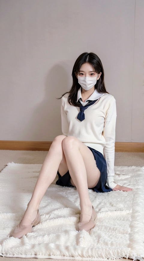  Best quality, 1 girl, xtt's body,moonlight,(((school uniform))),black shoes,Beige sweater,pantyhose,full body, Pleated skirt,((Surgical mask)), photo pose, shapely body, xtt, aki,bed room,((sitting on the white carpet))