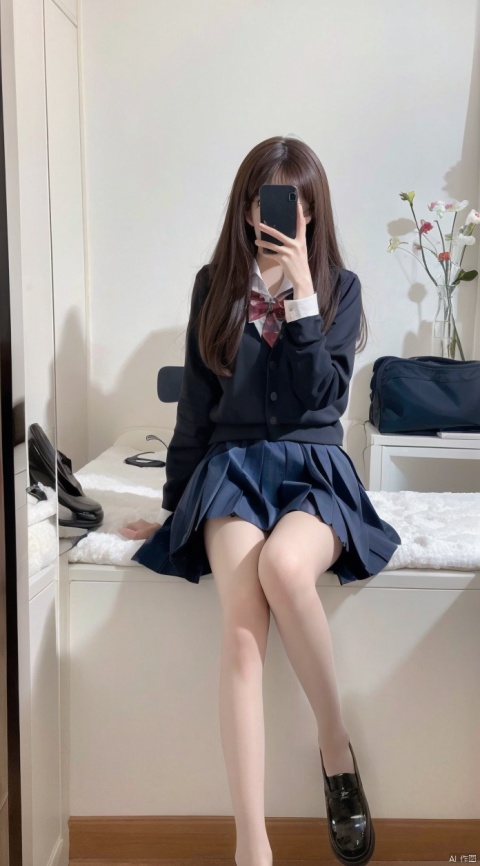  8K,Best quality, 1girl, xtt's body,A photo of oneself taken with a phone in front of a mirror,more details,white mask,full body,long wave hair,school uniform,Wearing blue Pleated skirt, wearing black pantyhose , sitting, ((Mobile selfie perspective)), shapely body,midnight, xtt, aki