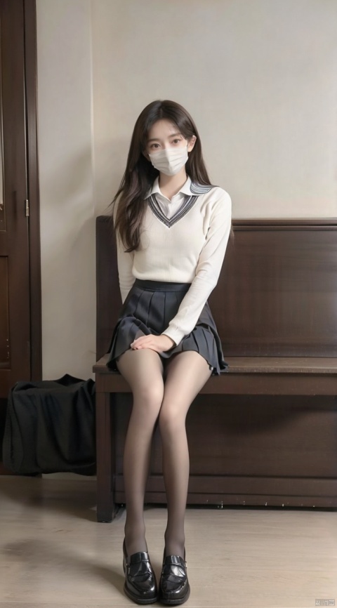  Best quality,1 girl, xtt's body,(((school uniform))),black shoes,Beige Sweater,black pantyhose,full body, long hair,Pleated skirt,((photo pose)), shapely body, xtt, piano room,piano,((Surgical mask)),((sitting on the bench next the piano)),