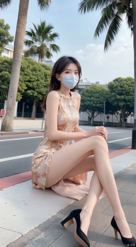  realitic,Best quality,1 girl, xtt's body,(((beautiful dress))),beautiful eyes,black shoes,tie,full body, long hair,((photo pose)), outdoor,seeside,Coast, palm trees, sea, blue sky,shapely body, xtt,,((Surgical mask)),((sitting on the ground)),