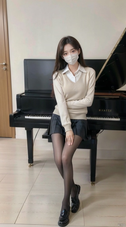  Best quality,1 girl, xtt's body,(((school uniform))),black shoes,Beige Sweater,black pantyhose,full body, long hair,Pleated skirt,((photo pose)), shapely body, xtt, piano room,piano,((Surgical mask)),((sitting on the bench next the piano)),